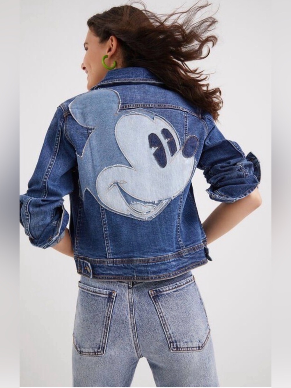 Desigual × Disney Mickey Mouse Denim Trucker Jacket XS Raw Edge Patchwork NEW